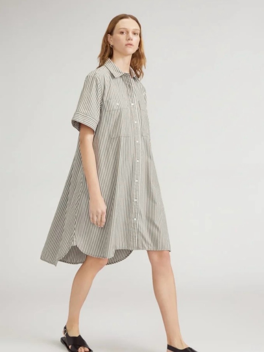 Everlane Striped Short-Sleeve Shirt Dress. 100% cotton  in Light Grey and White